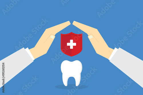 Dental insurance protection concept, tooth care shield with medical cross, dentist safety hygiene healthcare vector illustration, oral health protection, clinic dentistry symbol
