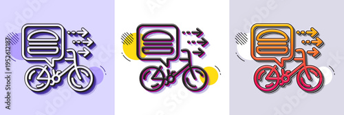 Food delivery line icon. Halftone dotted pattern. Gradient icon with grain shadow. Bike courier sign. Catering service symbol. Line food delivery icon. Various designs. Vector