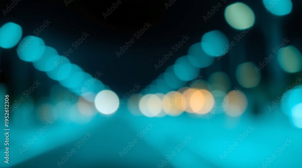 Fototapeta premium Abstract Bokeh Light Background with Teal and Blue Defocused Glow, Modern Blurred City Night Lights Backdrop for Creative Design, Website Headers, Branding, Advertising and Digital Visual Content