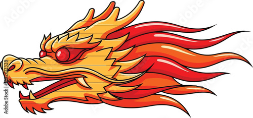 An aggressive golden dragon head with bright red eyes and flowing red mane is depicted in a stylized, detailed vector drawing.