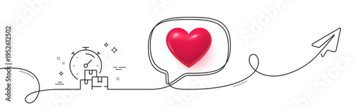 Fast delivery line icon. Continuous line with share plane. Moving service sign. Things transportation symbol. 3d heart in speech bubble. Fast delivery single line ribbon. Loop curve pattern. Vector