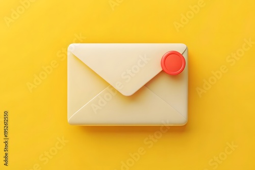 A 3d rendered cream colored envelope featuring a prominent red wax seal on the upper right corner