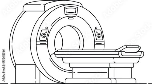 MRI Scanner Medical Imaging Machine Line Art Illustration with Patient Table for Hospital Radiology, Diagnostic Equipment, and Healthcare Technology Concept