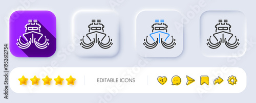 Ship in waves line icon. Neumorphic, Flat shadow, 3d buttons. Watercraft transport sign. Shipping symbol. Line ship icon. Social media icons. Vector