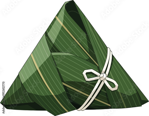 A single triangular Zongzi rice dumpling wrapped tightly in dark green leaves is prominently featured with a white tie.