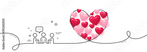 People chatting line icon. Continuous line big heart. Business seminar sign. Job meeting symbol. 3d hearts in heart shaped loop. People chatting single line ribbon. Loop curve pattern. Vector