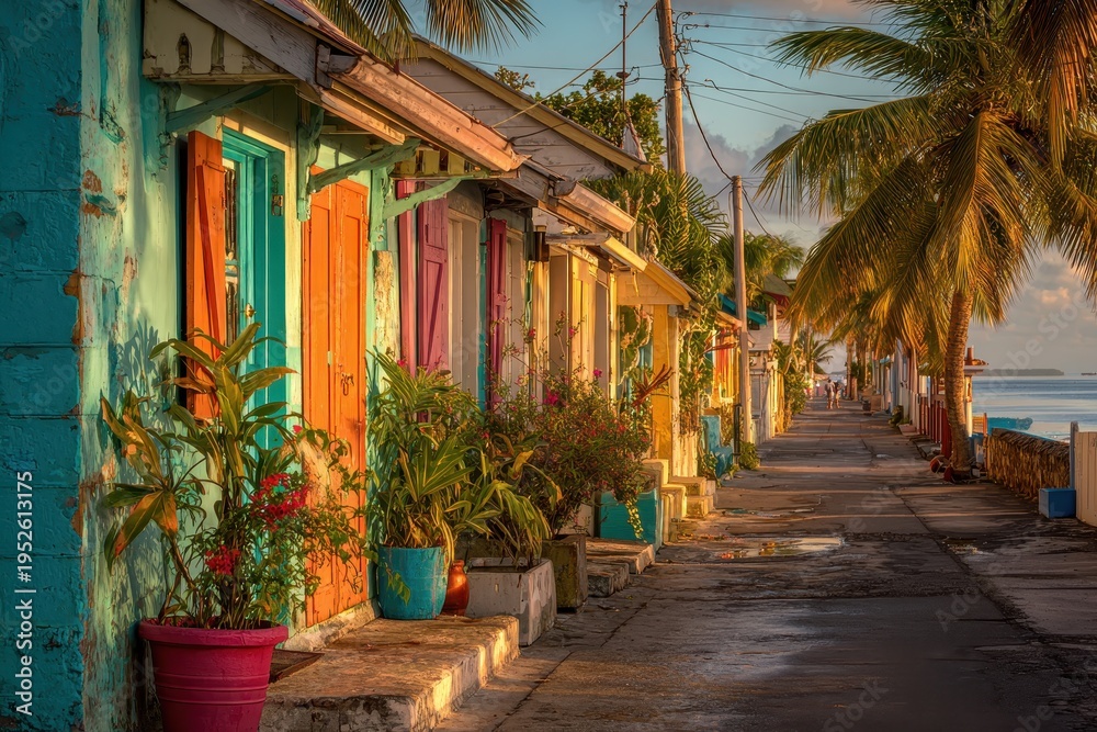 Fototapeta premium Vibrant Barbadian street scene with pastel houses by the tropical sea