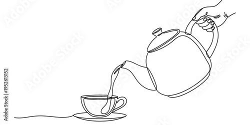Hand Pouring Tea From Teapot Into Cup Continuous Line Drawing