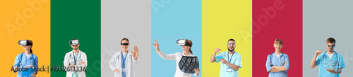 Set of doctors with VR glasses and goggles on color background. Augmented rea...