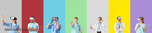 Set of doctors with VR glasses and goggles on color background. Augmented rea...