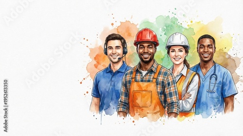 Labor day diverse professionals portrait with customer support construction and healthcare workers celebrating international worker day unity pride service dedication and modern workforce diversity 