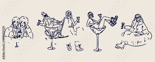 cocktail drink vector illustration, hand drawn beverage sketch set, party drink glass collection, bar cocktail outline design, festive drink graphic bundle, minimal beverage icons, nightlife drink ill