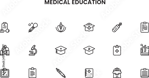 Black and white line icon set of medical education including syringe microscope graduation cap clipboard medical bag and anatomical models design