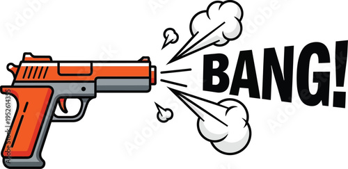 Orange and grey handgun illustration emits smoke and the word BANG to signify a loud noise event.