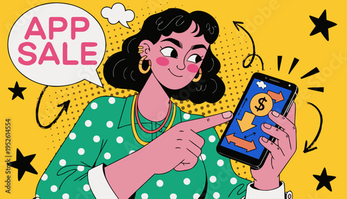 Trendy Young Woman Pointing at Smartphone with App Sale Speech Bubble Pop Art Vector Illustration for E-commerce Marketing and Digital Discount Promotions