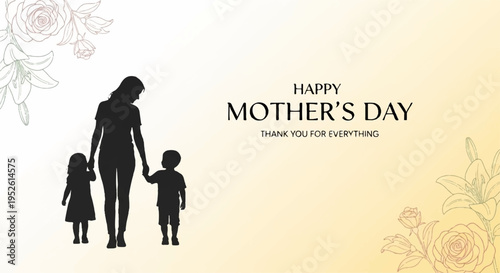 Mother's day greeting card with silhouette of mother and children floral background