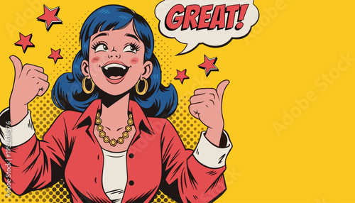 Excited Young Woman Giving Double Thumbs Up with Great Speech Bubble Pop Art Vector Illustration for Customer Satisfaction, Success Reviews and Marketing Approval