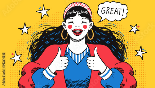 Excited Young Woman Giving Double Thumbs Up with Great Speech Bubble Pop Art Vector Illustration for Customer Satisfaction, Success Reviews and Marketing Approval