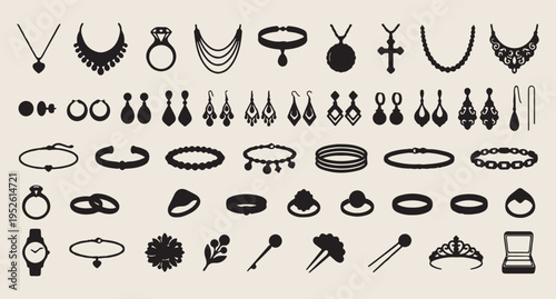 jewelry icons set vector, necklace earring ring collection, minimal line jewelry illustration, fashion accessories outline set, luxury ornament symbols pack, editable stroke icon bundle, modern jewelr