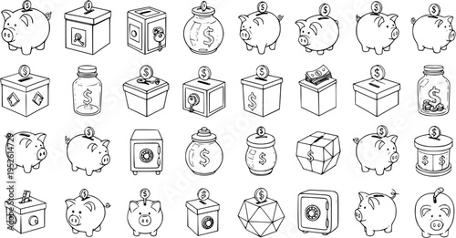 Variety of Money Saving Options: Hand-Drawn Piggy Banks, Jars, and Safes