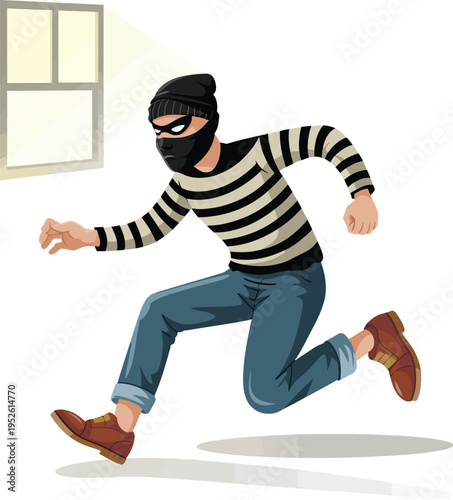 burglar character illustration, sneaking thief wearing mask and striped shirt isolated on white for crime concept and security alert design