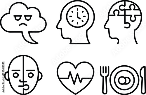 Six icons representing aspects of mental and physical well-being and health
