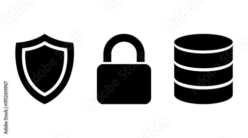 Security Icons Shield, Padlock, and Database