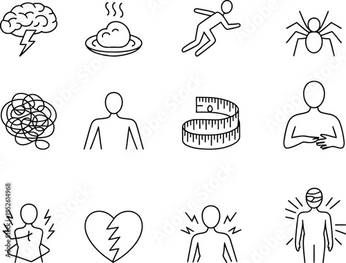 Illustrations depicting various physical and mental health concerns and symptoms