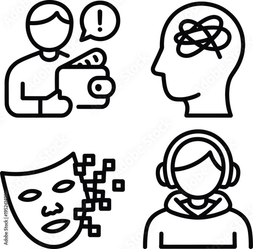 Four icons representing communication and digital interaction challenges