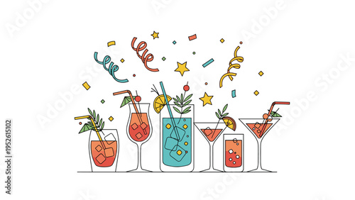 Variety of cocktail drinks in different glassware with garnishes and falling party confetti, creating a festive celebration mood.
