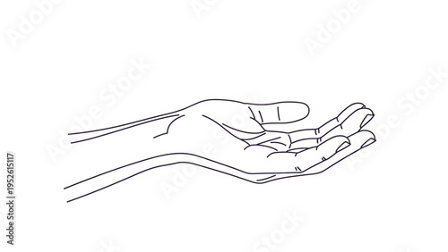 Simple line drawing of an open human hand palm up, representing giving, receiving, asking, or holding an invisible object.
