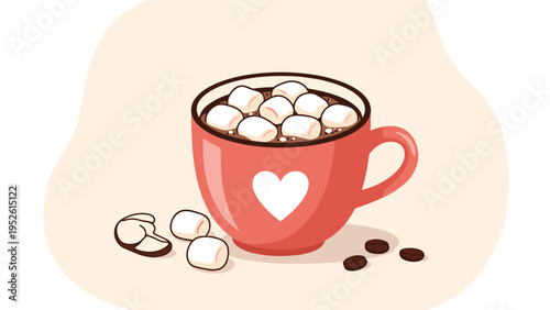 Cute illustration of hot chocolate drink in a red ceramic mug with a white heart symbol and fluffy marshmallows on top on cream background.