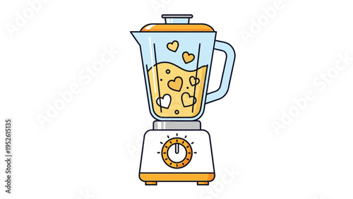 Creative illustration of a white and yellow blender mixing a smoothie filled with small heart shapes on a white background.