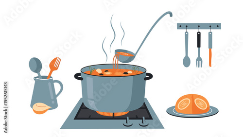 Large pot of steaming soup simmering on a stove with a ladle pouring liquid, surrounded by kitchen utensils and a loaf of bread.