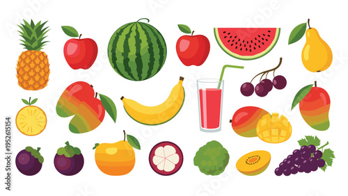 Colorful collection of fresh tropical fruits including pineapple, apple, watermelon, banana, mango, grapes and pear icons on white background.