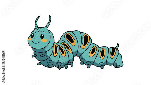Smiling blue cartoon caterpillar with orange spots and small legs crawling across a plain white surface in a friendly illustration style.