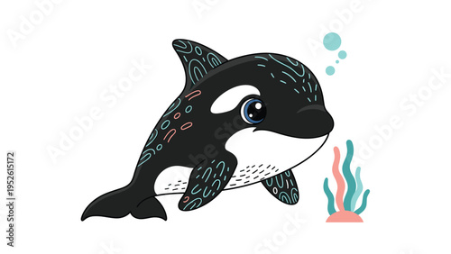 Small cute killer whale or orca swimming in the ocean with bubbles and seaweed plants in a decorative cartoon style on white background.