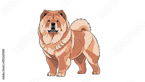 Portrait of a fluffy brown Chow Chow dog standing still and looking forward in a detailed cartoon illustration on white background.