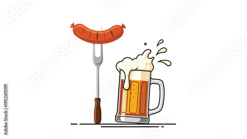 Tall glass mug of frothy beer next to a grilled bratwurst sausage on a fork in a clean flat illustration style on white background.