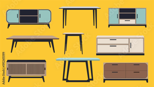 Assortment of modern furniture icons including tables, desks, and storage cabinets in various styles on a bright yellow background.