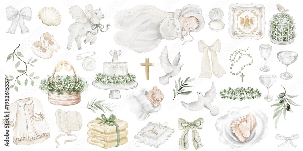 Obraz premium Baptism set watercolor hand painted with baby, cross, angel, lamb and greenery. Religious christening elements with chalice, pigeon, olive branch. Collection for invitation, card and ceremony use.