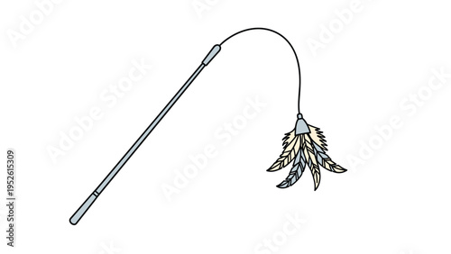 Hand drawn illustration of a cat wand toy with several colorful feathers on the end of a long flexible stick for pet playtime.