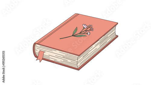 Thick hardcover book with a pink cover and a small dried flower branch on top for a romantic or vintage reading aesthetic.