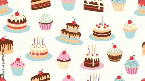 Delicious seamless pattern with various decorated cupcakes and slices of chocolate cake with cherries on a light cream background.