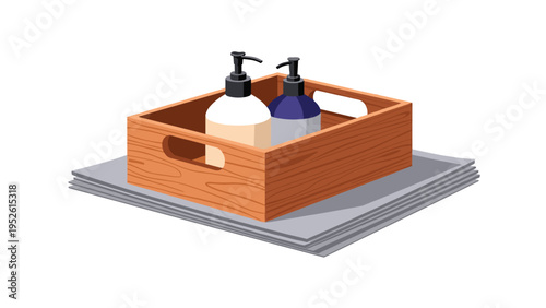 Wooden storage crate containing two pump dispenser bottles sitting on a stack of grey mats or towels for bathroom organization and spa decor.
