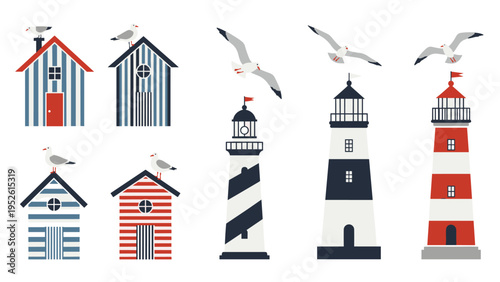 Collection of nautical illustrations including striped beach houses, lighthouses, and flying seagulls for maritime themed design projects.