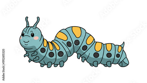 Friendly cartoon caterpillar with a blue body and prominent yellow spots crawling forward in a detailed character illustration.