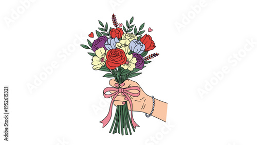 Hand holding a colorful flower bouquet with red, purple, and yellow roses tied with a pink ribbon, featuring a beaded bracelet on the wrist.