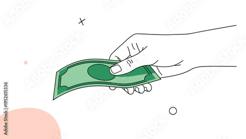 Hand holding a single green dollar bill against a white background with simple geometric shapes, representing payment, finance, and cash transactions.