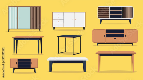 Collection of mid-century modern furniture pieces including sideboards, tables, and cabinets in various wood tones and black accents on yellow.